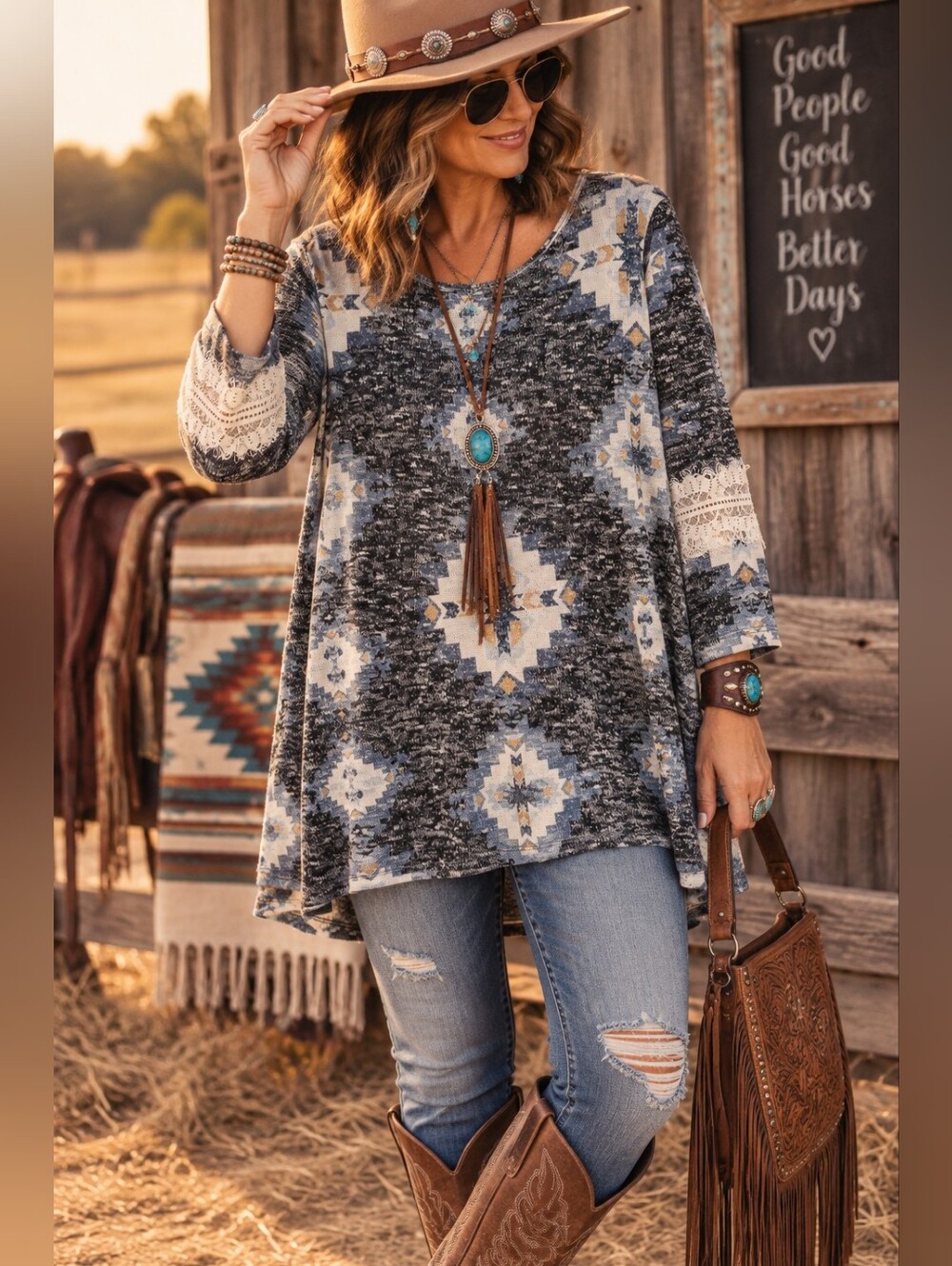 Jody California Western Boho Aztec Lace Sleeve Tunic Top High Low Made in USA